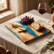 Personalized Olive Wood Resin Cutting Board 25x14cm Blue Glass by Olea Wood Art in a natural lifestyle setting