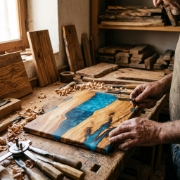 Personalized Olive Wood Resin Cutting Board 25x14cm Blue Glass by Olea Wood Art on a clean studio background