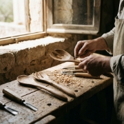 An artisan in a rustic Greek workshop carefully hand-carves a large olive wood spoon and fork set by a sunlit window