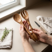 Personalized Olive Wood Salad Serving Set - Spoon & Fork 25cm by Olea Wood Art shown as a close-up product detail