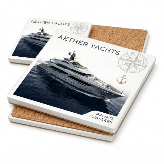 Set of four personalized Aether Yachts coasters featuring a luxury superyacht, nautical compass, and anchor design with cork...