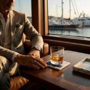A man in a suit holding a glass of whiskey sitting in a boat