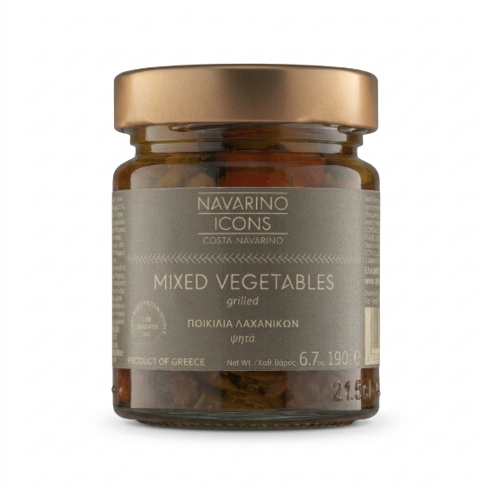 Antipasti - Mixed Vegetables Grilled, 190g Navarino Icons on a clean ecommerce background