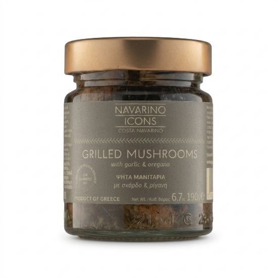 Grilled Mushrooms with Garlic & Oregano Antipasti, 190g by Navarino Icons on a clean ecommerce background