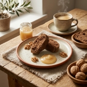 Carob Paximadi Rusks 260g - Wood-Oven Baked Cretan Barley Rusks by Xilofournos Mistrakis in a natural lifestyle setting