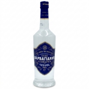 A bottle of Varvayanni Blue Ouzo, a classic Greek anise spirit, set against a seamless white studio background