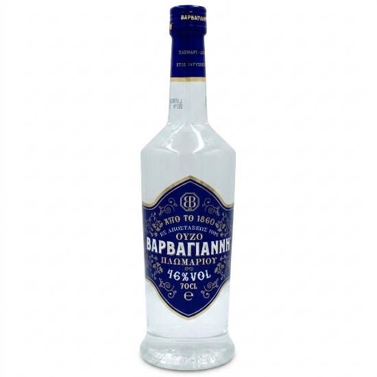 A bottle of Varvayanni Blue Ouzo, a classic Greek anise spirit, set against a seamless white studio background