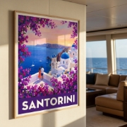 Framed Aurean Santorini retro travel art print in a modern superyacht salon