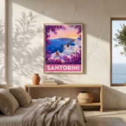 Framed Aurean Santorini retro travel art print in a Cycladic bedroom mockup