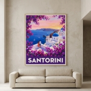 Santorini Retro Travel Poster - Bougainvillea & Caldera Sunset Fine Art Print | Mid-Century Mediterranean Illustration, Museu...