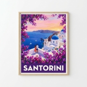 Santorini Retro Travel Poster - Bougainvillea & Caldera Sunset Fine Art Print | Mid-Century Mediterranean Illustration, Museu...