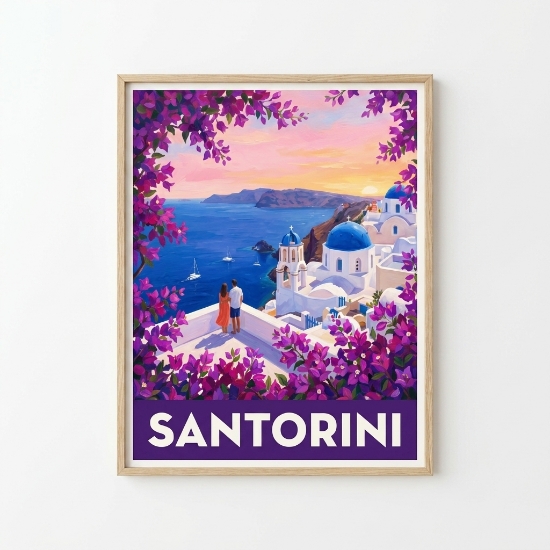 Santorini Retro Travel Poster - Bougainvillea & Caldera Sunset Fine Art Print | Mid-Century Mediterranean Illustration, Museu...
