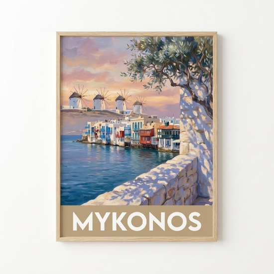 Aurean Mykonos Little Venice Travel Poster - Premium Fine Art Print | Vintage Greek Island Landscape, Giclée or Textured Canv...