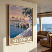 Aurean Mykonos Little Venice Travel Poster - Premium Fine Art Print | Vintage Greek Island Landscape, Giclée or Textured Canv...