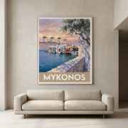 Aurean Mykonos Little Venice Travel Poster - Premium Fine Art Print | Vintage Greek Island Landscape, Giclée or Textured Canv...