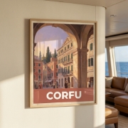 Corfu Venetian Architecture Fine Art Print - Liston Arch Retro Travel Poster | Giclée A3 & UV Textured Canvas 12×16 | Mediter...