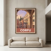 Corfu Venetian Architecture Fine Art Print - Liston Arch Retro Travel Poster | Giclée A3 & UV Textured Canvas 12×16 | Mediter...