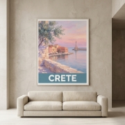Crete Chania Venetian Harbor Fine Art Print - Old Lighthouse Travel Poster | Retro-Modern Giclée or Textured UV Canvas by Aur...