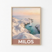 Aurean Milos Sarakiniko Fine Art Print - White Volcanic Cliffs Sailing Poster | Retro-Modern Greek Island Travel Illustration...