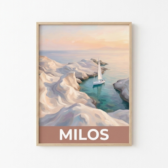 Aurean Milos Sarakiniko Fine Art Print - White Volcanic Cliffs Sailing Poster | Retro-Modern Greek Island Travel Illustration...
