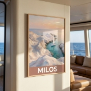 Aurean Milos Sarakiniko Fine Art Print - White Volcanic Cliffs Sailing Poster | Retro-Modern Greek Island Travel Illustration...