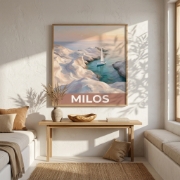Aurean Milos Sarakiniko Fine Art Print - White Volcanic Cliffs Sailing Poster | Retro-Modern Greek Island Travel Illustration...