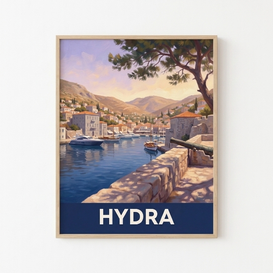 Hydra Island Fine Art Print - Historic Harbor & Yachts Poster | Retro-Modern Greek Travel Illustration, Giclée or UV Textured...