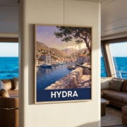 Hydra Island Fine Art Print - Historic Harbor & Yachts Poster | Retro-Modern Greek Travel Illustration, Giclée or UV Textured...