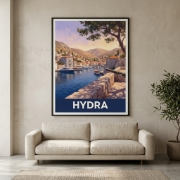 Hydra Island Fine Art Print - Historic Harbor & Yachts Poster | Retro-Modern Greek Travel Illustration, Giclée or UV Textured...