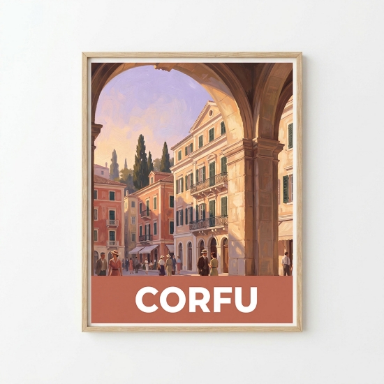 A framed natural wood art print by Aurean showing a retro painting of the Corfu Liston with arches and buildings
