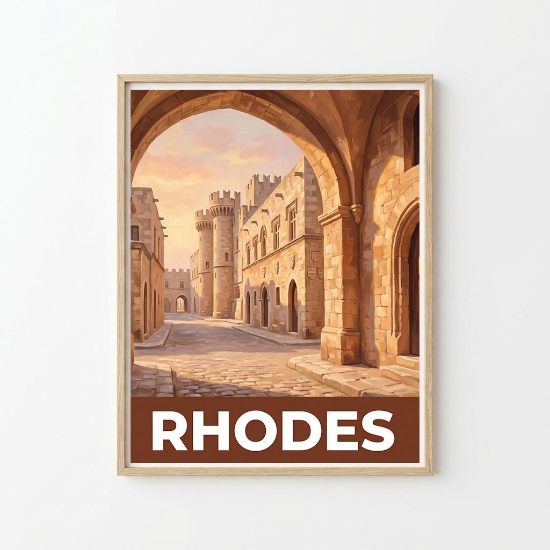 Rhodes Medieval Old Town Fine Art Print - Palace of the Grand Master Poster | Giclée A3 & UV Textured Canvas 12×16 | Retro-Mo...