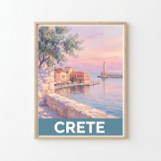 Aurean Crete Chania Venetian Harbor fine art print in a natural oak frame, featuring a hand-painted old lighthouse at sunset...