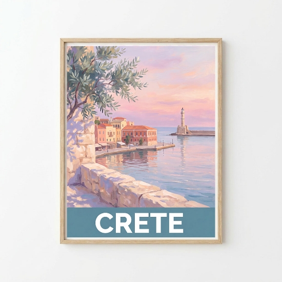 Aurean Crete Chania Venetian Harbor fine art print in a natural oak frame, featuring a hand-painted old lighthouse at sunset...