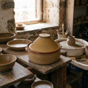 A Sifnos Ceramic Casserole Pot with Lid resting on wooden shelves in a rustic pottery workshop, surrounded by other tradition...