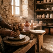 Potter shapes clay next to a Sifnos Ceramics handmade ceramic oil cruet in a sunlit workshop