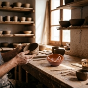 Handcrafted Sifnos Ceramics mini dipping bowl with unique wave pattern in a sunlit pottery workshop