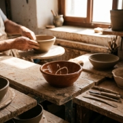 Sifnos Ceramic olive bowl with unique white glaze pattern, resting on a rustic wooden shelf in a traditional Greek pottery wo...