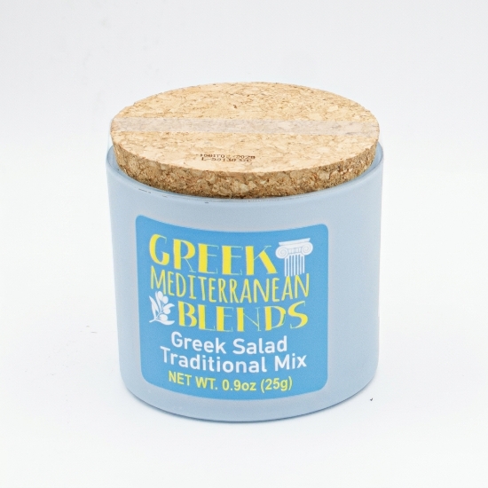 Salt Odyssey Greek Salad Traditional Mix 25g jar with cork lid and label, isolated on a white background