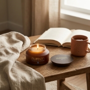 Aurean Gold Cherry Blossom Olive Wax Candle - Frosted Amber Glass 200g | Vegan, Hand-Poured in Greece with Bamboo Lid in a na...