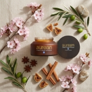 Aurean Gold Cherry Blossom Olive Wax Candle - Frosted Amber Glass 200g | Vegan, Hand-Poured in Greece with Bamboo Lid shown a...