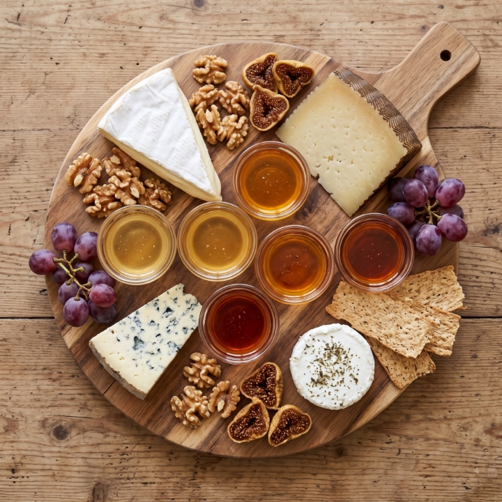 Planche de fromages affinés au miel grec et fruits secs